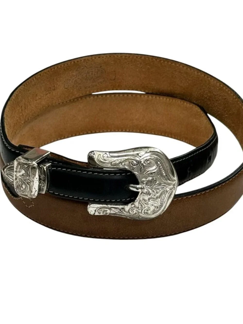 Justin Men's Western Belt Black Brown Leather Silver Toned Buckle Size 34